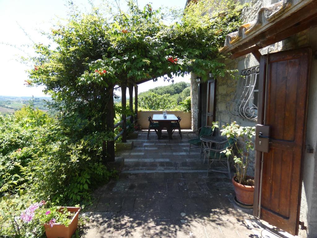 un patio avec une table et une arche avec des fleurs dans l'établissement SCAPPO IN UMBRIA, il Fienile, à Fornole