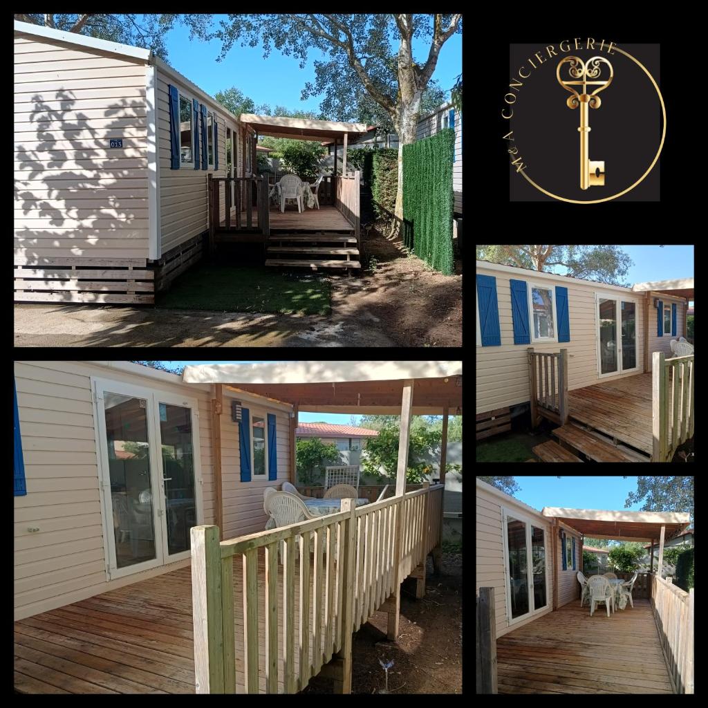un collage de photos d'une maison avec terrasse couverte dans l'établissement Camping les sablines vendres-plage, à Vendres