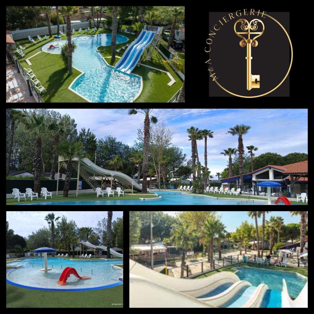 un collage de quatre photos d'une piscine dans l'établissement Camping les sablines vendres-plage, à Vendres