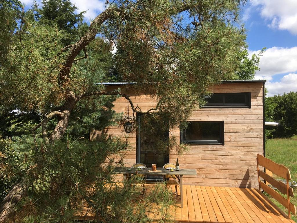 Une petite maison avec une table de pique-nique sur une terrasse en bois dans l'établissement La pause tiny, à Ploërmel