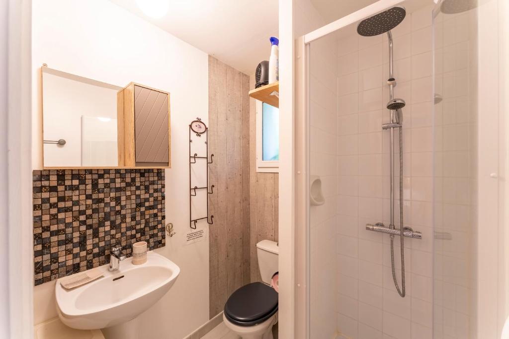 une petite salle de bain avec un lavabo et une douche dans l'établissement Gîte au coeur du Vaucluse, à Malemort-du-Comtat