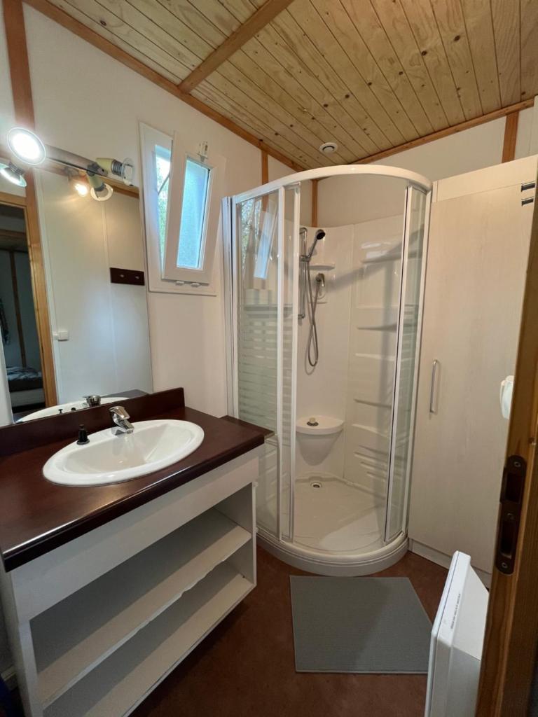 une salle de bain avec douche et lavabo dans l'établissement Camping du Lac, à Marcillac-la-Croisille