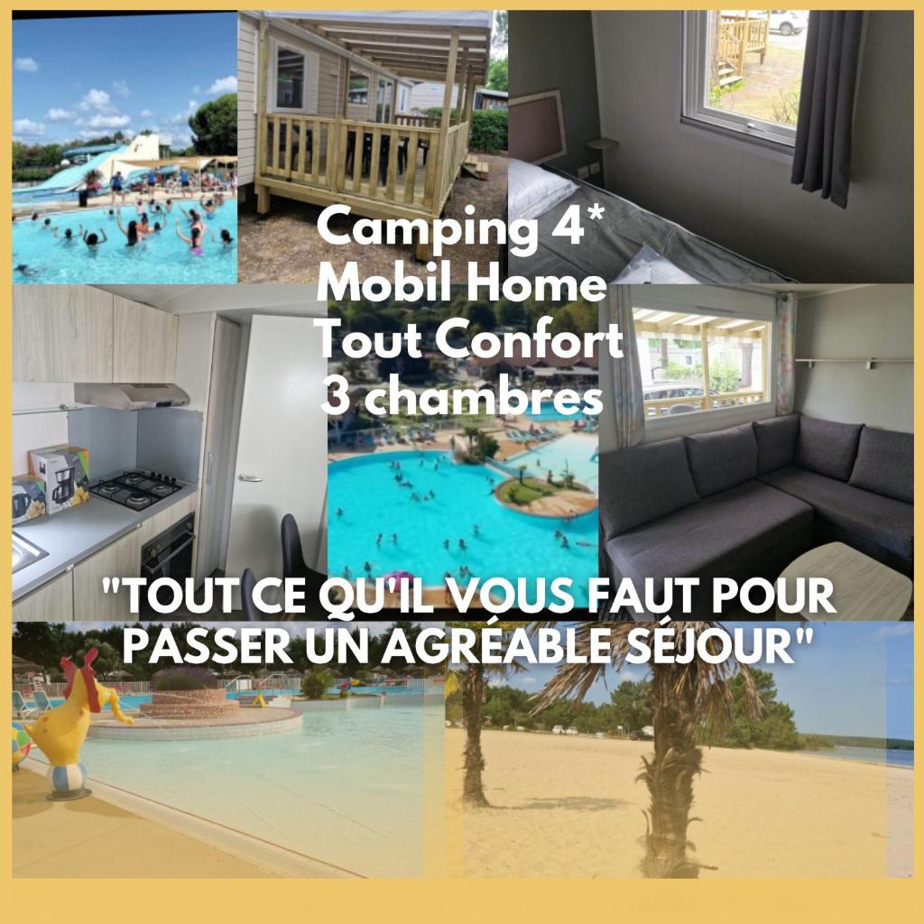 un collage de trois photos d'une maison dans l'établissement Mobil Home Camping 4*, à Gastes