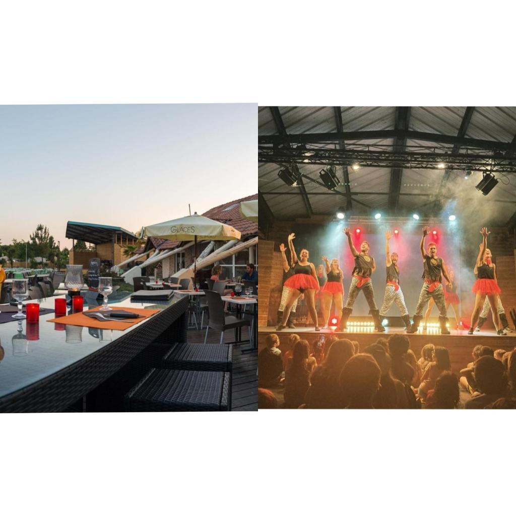 deux photos d'un groupe de danseurs sur une scène dans l'établissement Mobil Home Camping 4*, à Gastes 15 autres photos