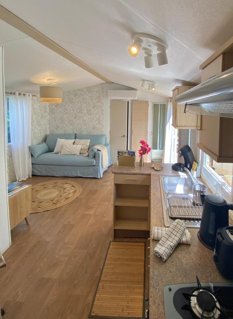 un salon avec un canapé bleu dans une pièce dans l'établissement Bungalow Camping Parc Montana, à Gassin