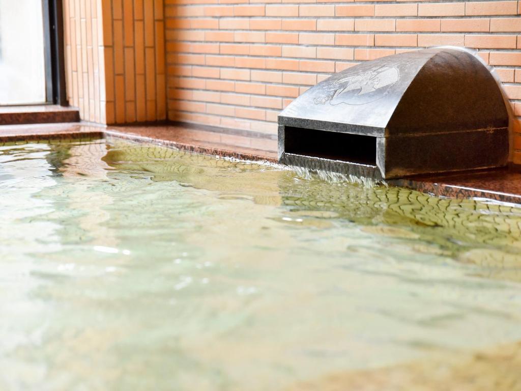 une piscine d'eau à côté d'un bâtiment en briques dans l'établissement 式部のやかた井筒屋, à Shirakawa-gō