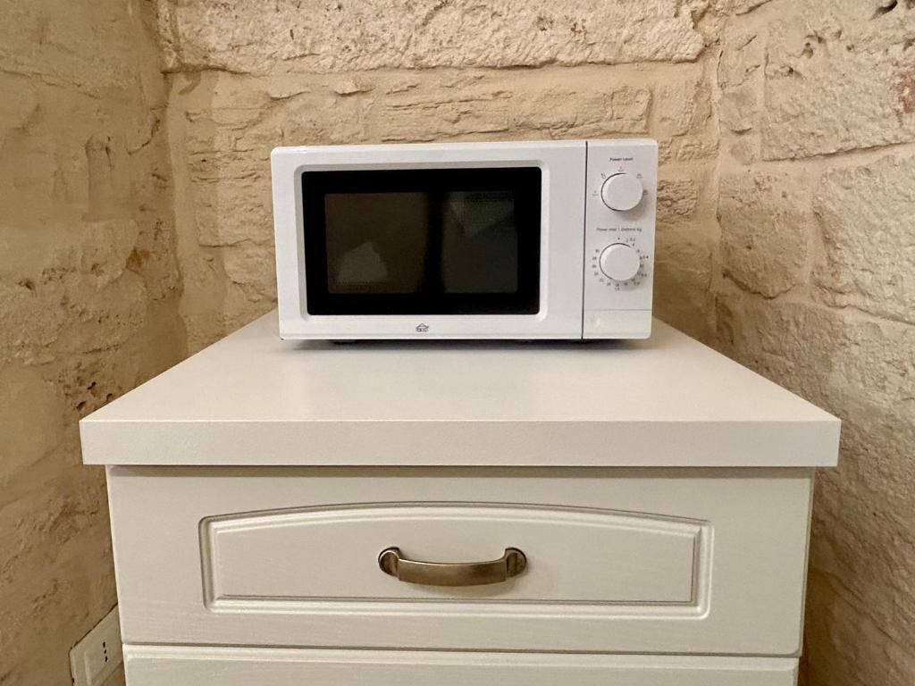 Un four micro-ondes est installé au-dessus d'une armoire blanche. dans l'établissement Lamia Itria, à Martina Franca