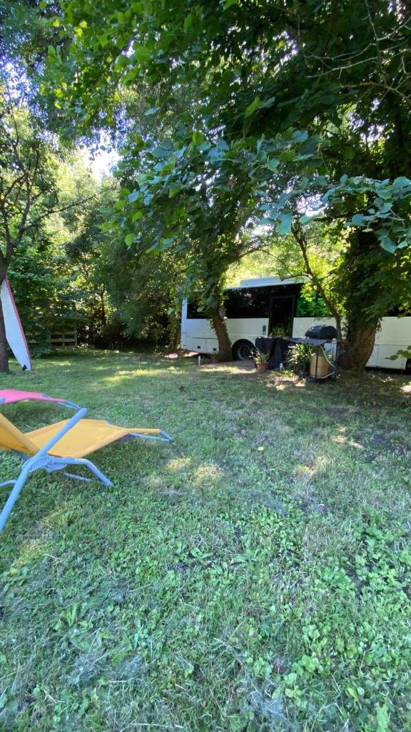 une chaise assise dans l'herbe sous un arbre dans l'établissement Woody Wood Bus, à Vergeroux