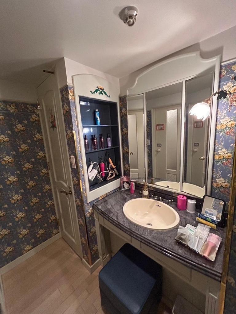 une salle de bain avec un lavabo et un grand miroir dans l'établissement HOTEL D-CUBE 明石店, à Higashi-futami