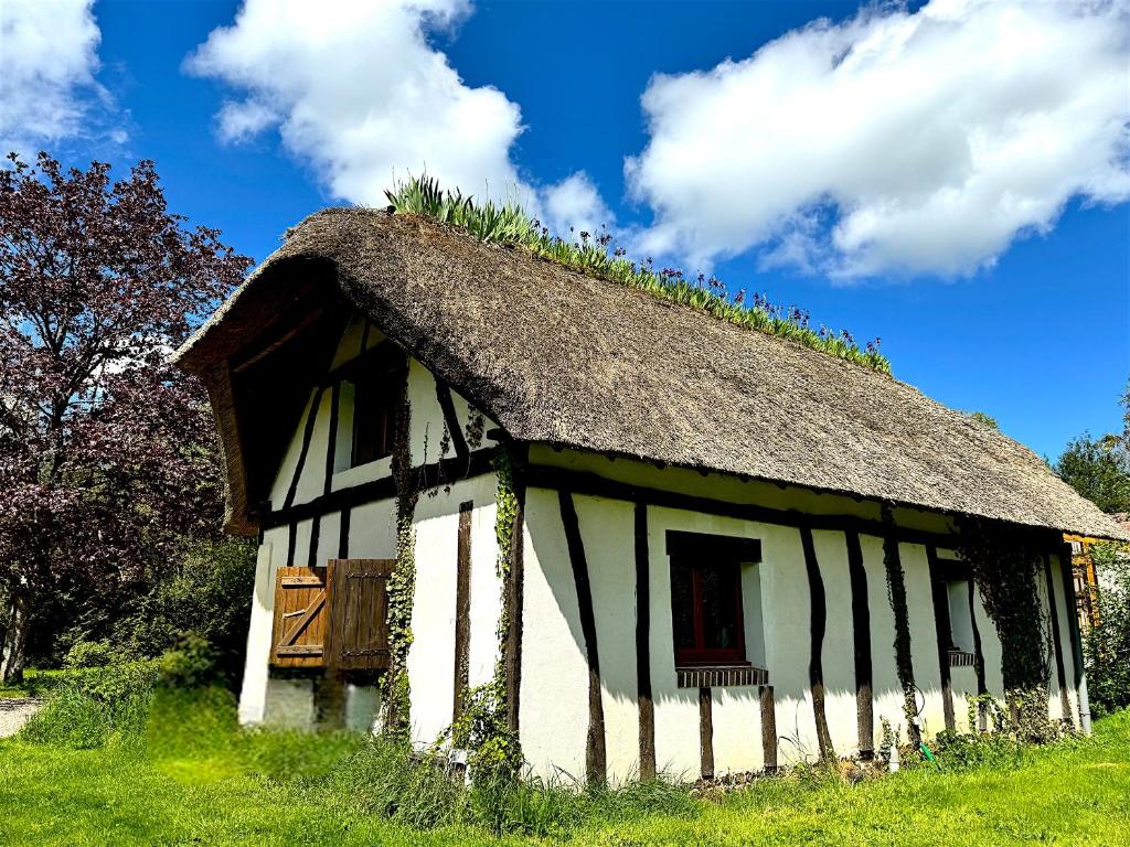 un bâtiment noir et blanc avec un toit en gazon dans l'établissement Gîte Maison Made in Normandie, à Bois-Normand-près-Lyre