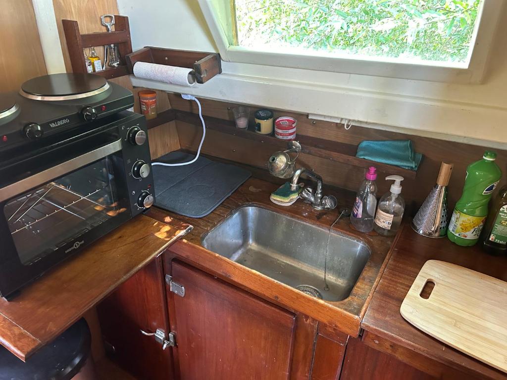 une cuisine avec un évier et un micro-ondes dans l'établissement Séjour insolite sur un bateau, à Louveciennes