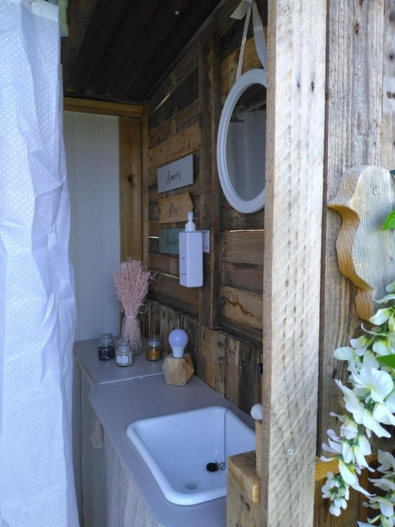 une salle de bain avec un lavabo blanc et un miroir dans l'établissement Caravane Seventies avec jacuzzi, à Lapalisse