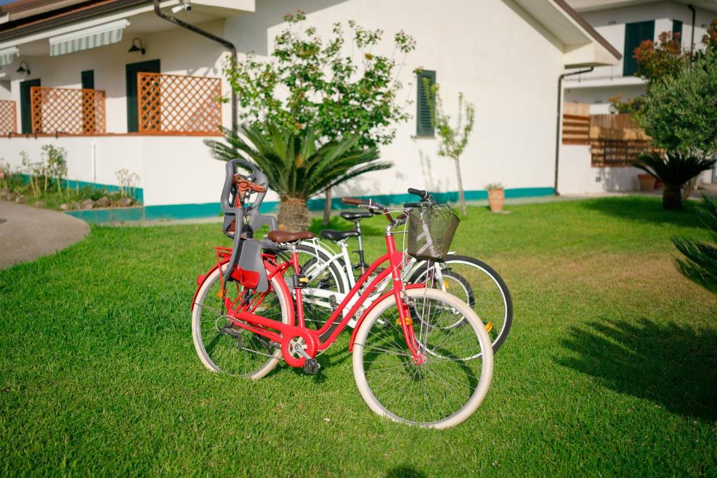 deux vélos garés dans l'herbe devant une maison dans l'établissement Villa Maredona, à Ascea