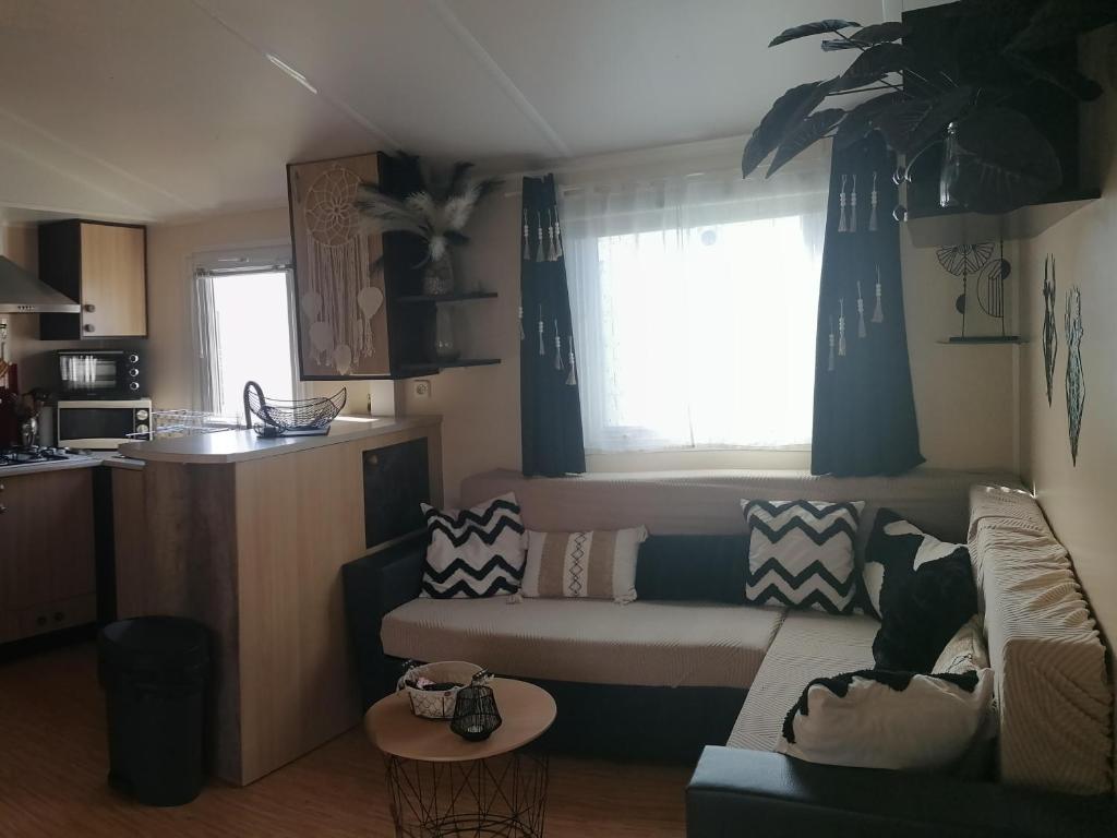 un salon avec un canapé et une cuisine dans l'établissement MOBILHOME COSY SPACIEUX 42m2, CLIMATISE, TV & LL, 3 chambres, à Vic-la-Gardiole