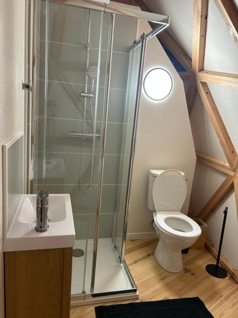 une salle de bain avec douche et toilettes dans l'établissement Dôme géodésique - Baie de Somme, à Favières