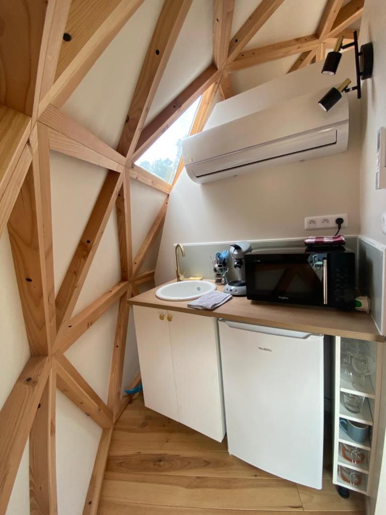 - une cuisine avec évier et four micro-ondes dans l'établissement Dôme géodésique - Baie de Somme, à Favières