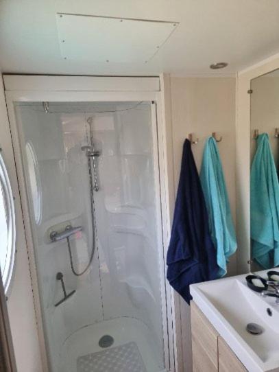 une salle de bain avec une douche, des toilettes et un lavabo dans l'établissement Ile de France, mobil-home cosy au coeur d' une forêt avec piscine, à Saint-Chéron