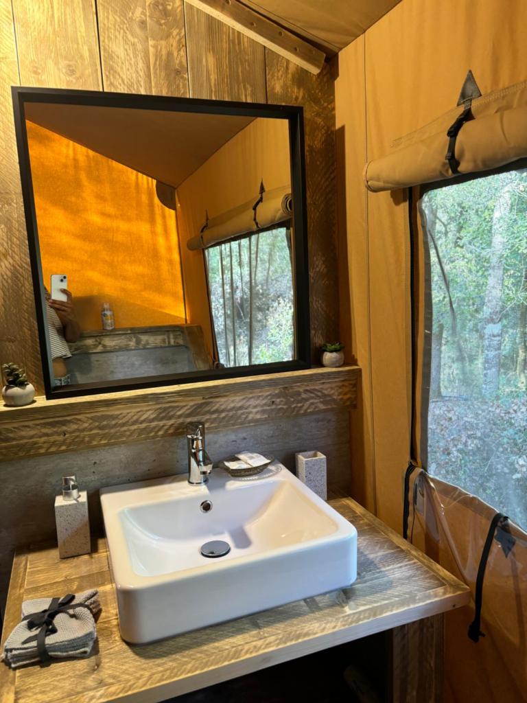 une salle de bain avec un lavabo et un miroir dans l'établissement Lodge A NASSA, à Olivese