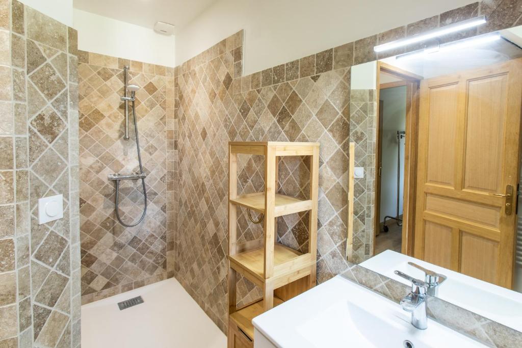 une salle de bain avec un lavabo et une douche dans l'établissement Château de Conon gîte l'ecurie, à Cellettes