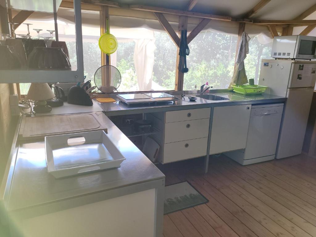 - une cuisine avec un comptoir, un évier et une cuisinière dans l'établissement Lodge de Travo, à Ventiseri