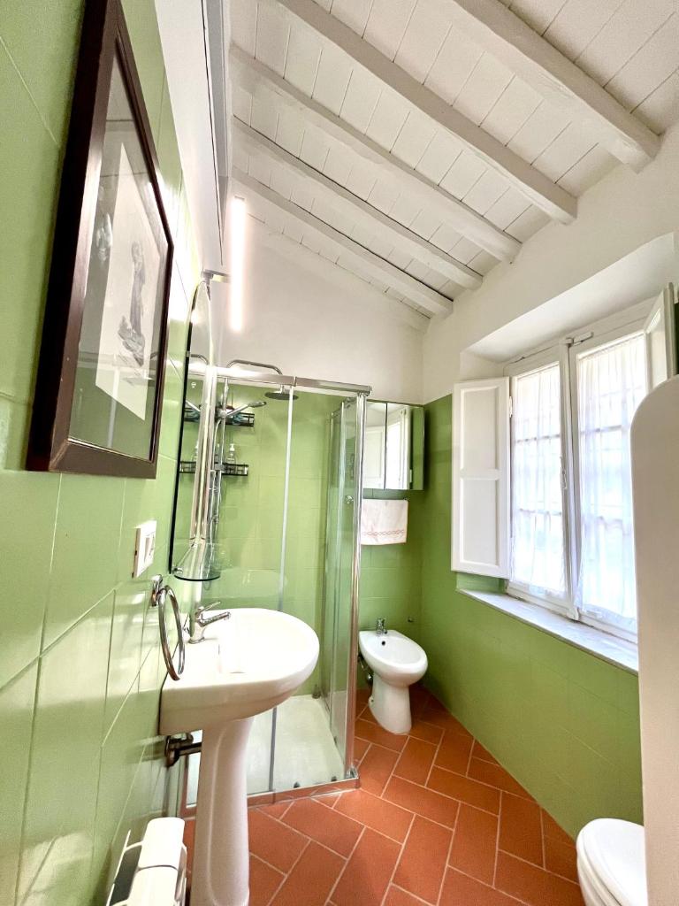 une salle de bain avec douche, lavabo et toilettes dans l'établissement Podere Il Piantoneto, à Stiava