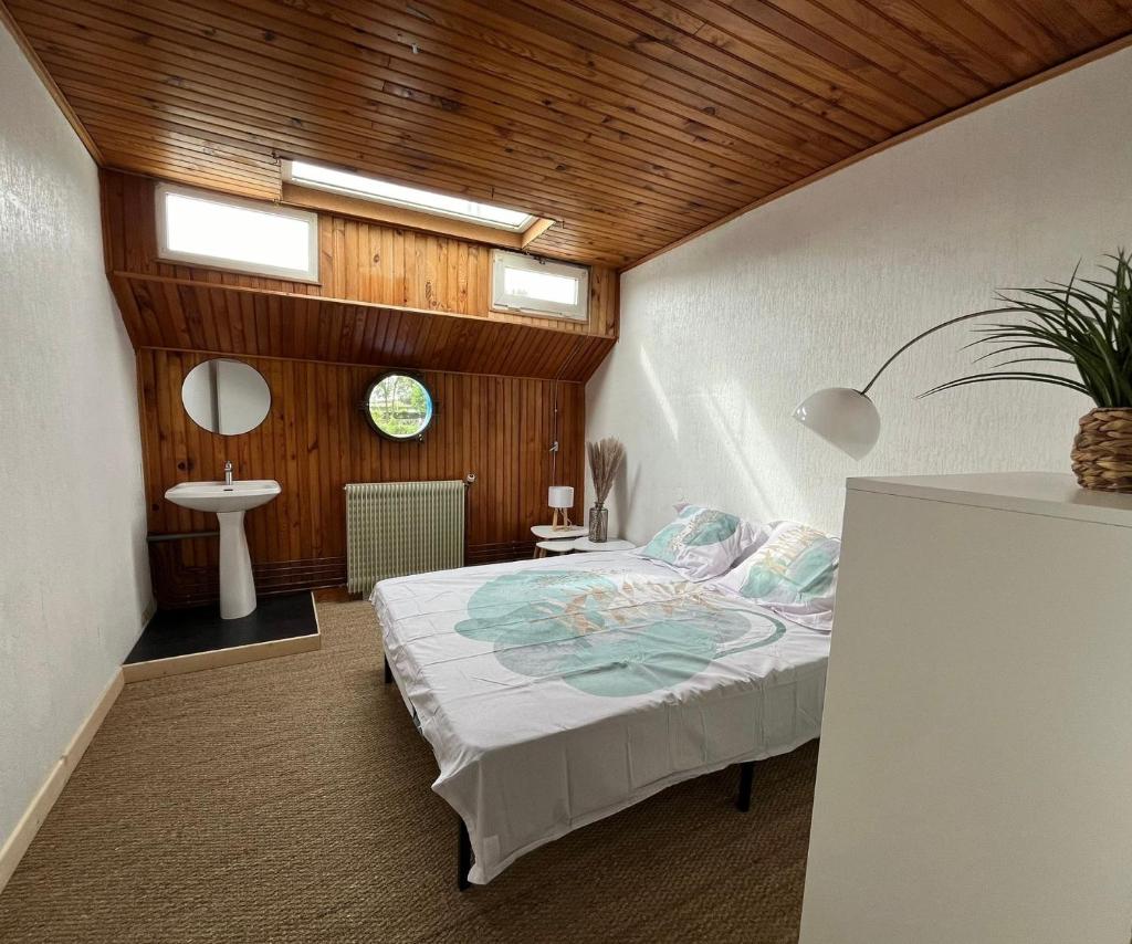 une chambre avec un lit et un lavabo dans l'établissement Péniche Amadeus conviviale et cosy , proche de Disney et de Paris, à Torcy