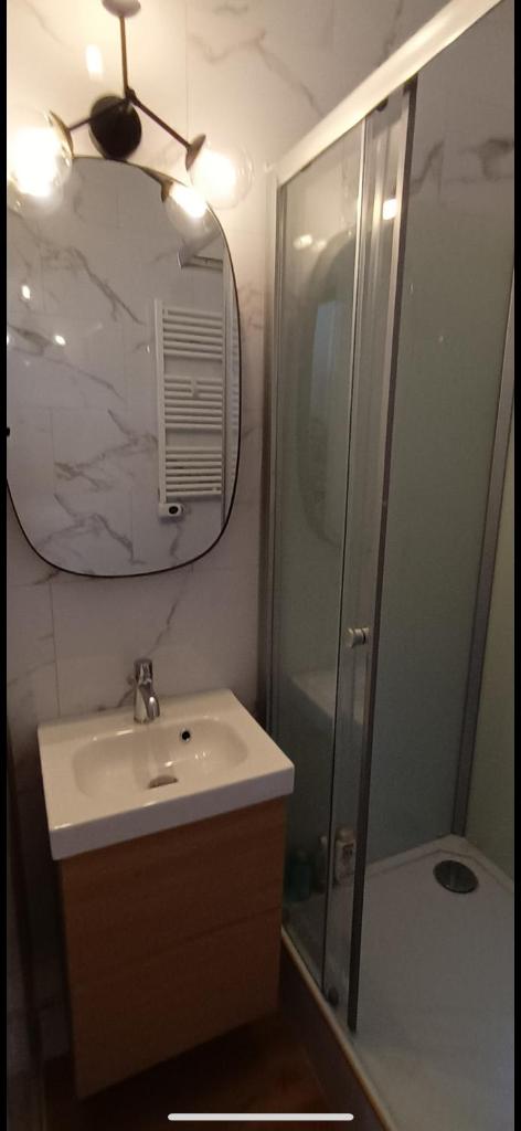 une salle de bain avec un lavabo, une douche et un miroir dans l'établissement Studio pour 4 personnes pied dans les pistes, à Villard-de-Lans 19 autres photos