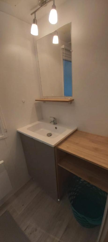 une salle de bain avec un lavabo et un miroir dans l'établissement Mobil-home avec WIFI 6 à 8 couchages Domaine 4 étoiles au cœur des Châteaux de la Loire, à Onzain