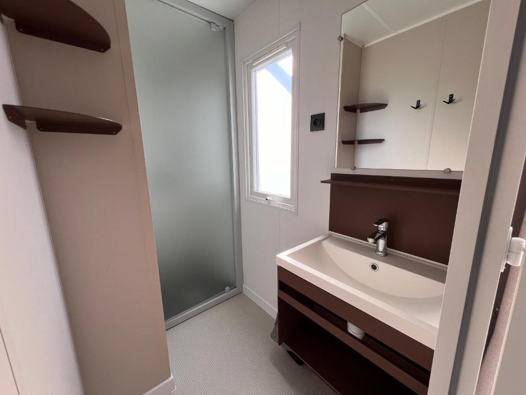 une salle de bain avec un lavabo et un miroir dans l'établissement Camping de la Lyre, à Corsavy