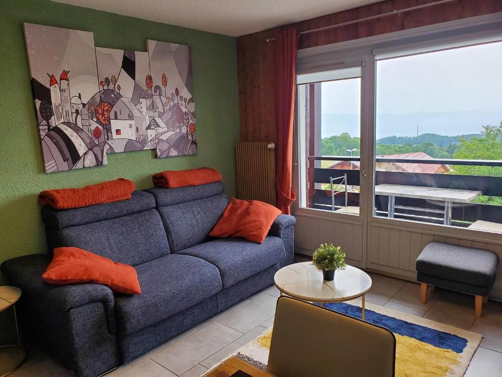 un salon avec un canapé bleu et une fenêtre dans l'établissement SUPERBE APPARTEMENT T2 3 ETOILES 40m2 PIED DES PISTES VUE SUR LE LAC, à Thollon-les-Mémises 14 autres photos