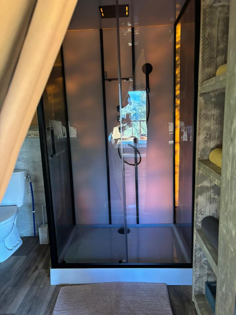 une douche avec une porte vitrée dans une salle de bain dans l'établissement Lodge A NASSA, à Olivese