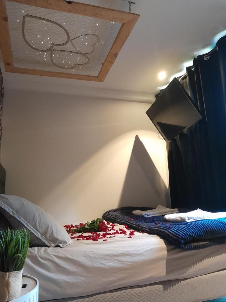 une chambre avec un lit avec une tête de lit noire dans l'établissement amazonia, à Litteau