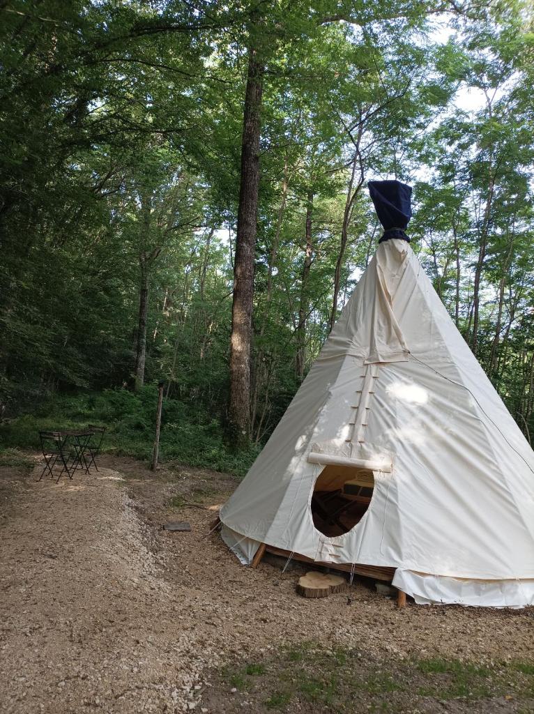 une tente au milieu des bois dans l'établissement Au Chat qui Pêche, à Thenay