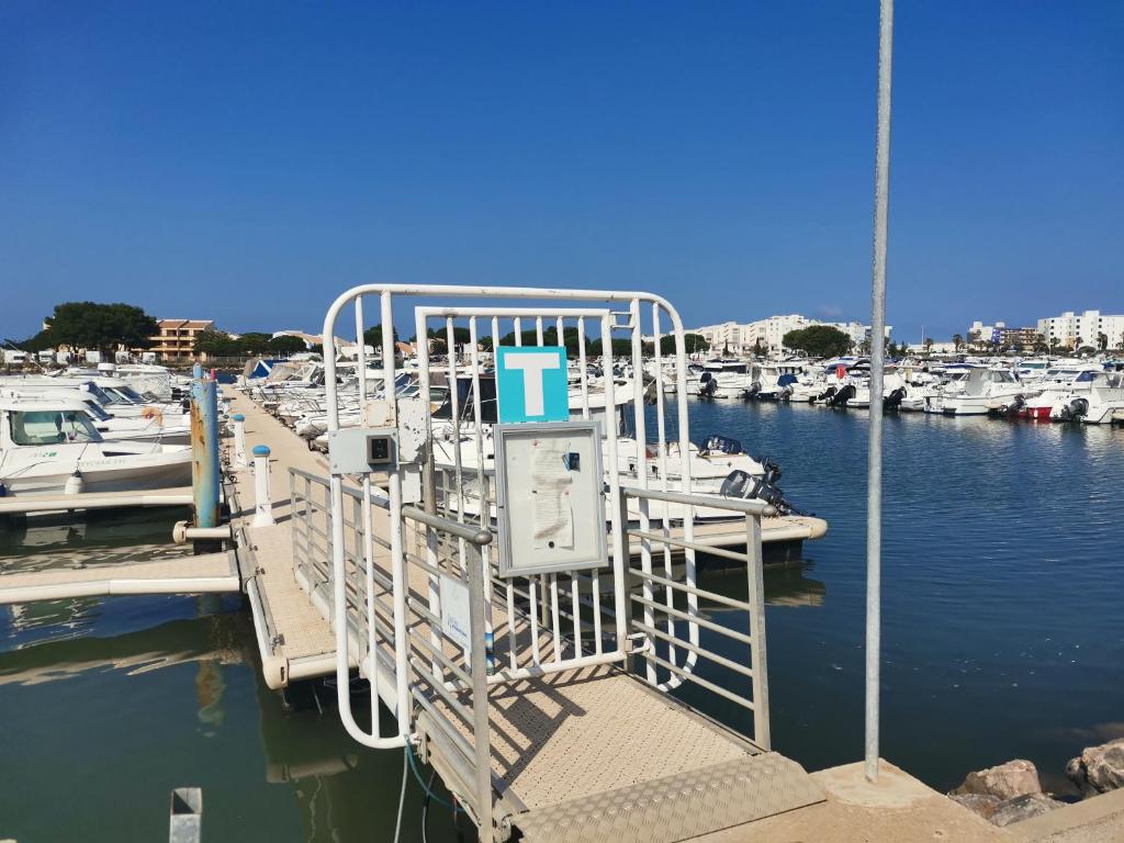 un port de plaisance avec un quai et des bateaux dans l'eau dans l'établissement Petit yacht, au Barcarès