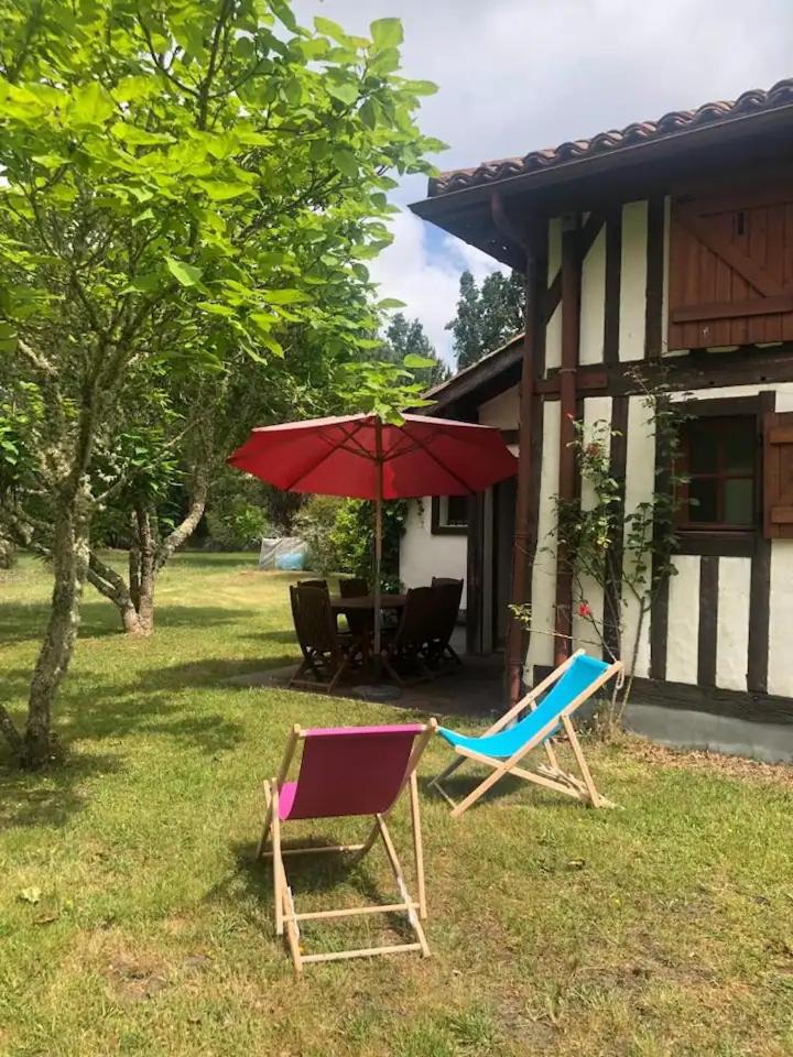 2 chaises et un parasol devant une maison dans l'établissement Gîte du Maou - Maison avec piscine, à Lesperon 13 autres photos