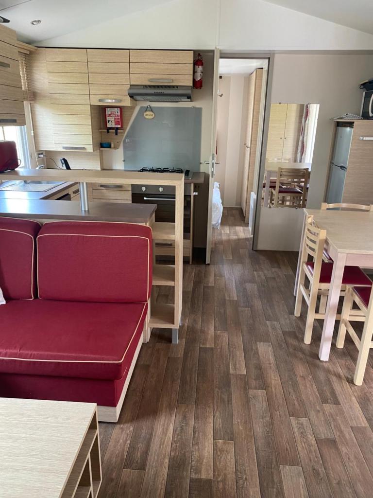 un salon avec un canapé et une cuisine dans l'établissement Mobil Home dans le camping 4 étoiles le Montourey, à Fréjus 4 autres photos