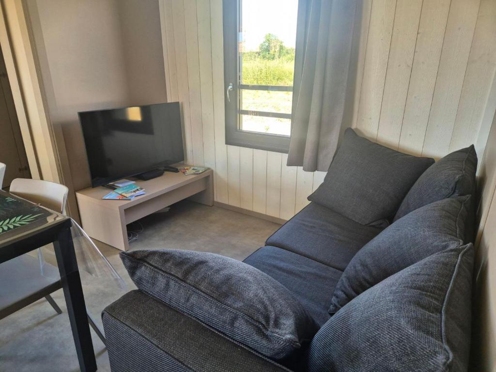 un salon avec un canapé bleu et une télévision dans l'établissement Chalet dans domaine avec piscine, à Marzan
