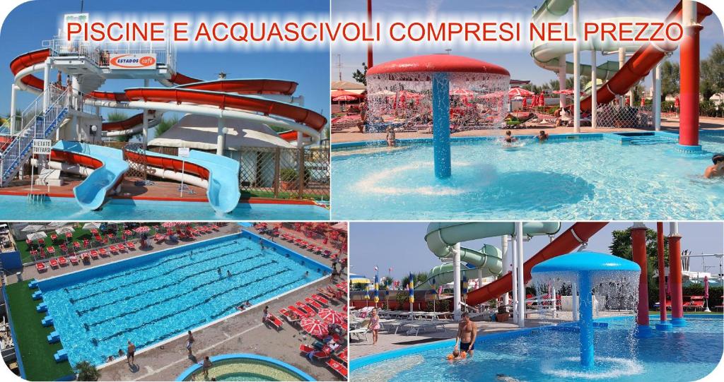 un collage de quatre photos d'un parc aquatique dans l'établissement Villa Lavinia, à Rimini