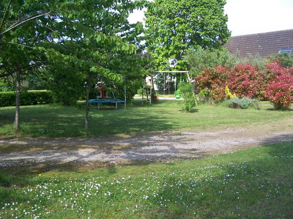 une cour avec une table de pique-nique et une aire de jeux dans l'établissement Chalet en bois, à Druyes-les-Belles-Fontaines