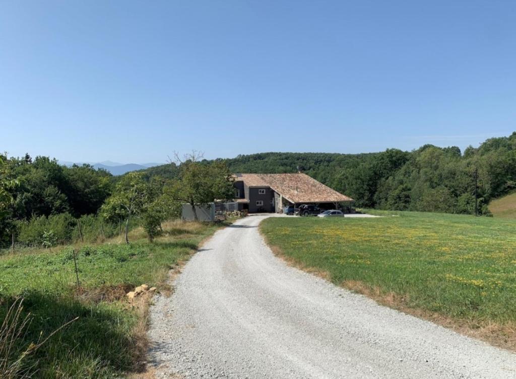 un chemin de terre menant à une maison sur une colline dans l'établissement Bulle perchée, à Sonnac-sur-lʼHers