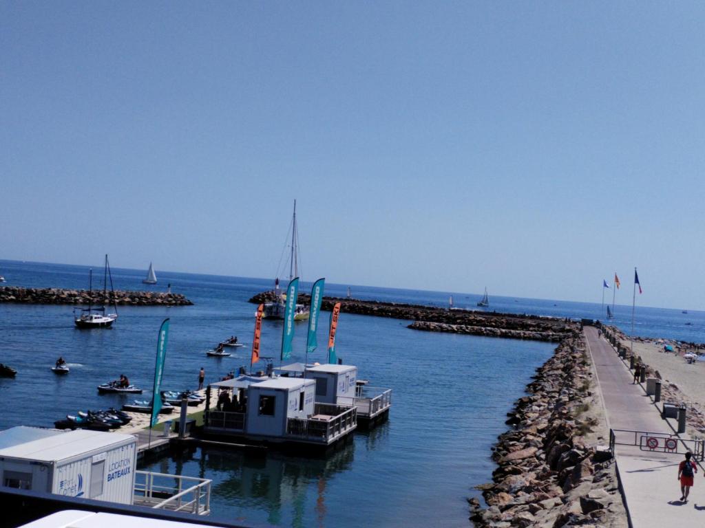 - un quai avec des bateaux dans l'eau à côté d'une plage dans l'établissement nuit insolite sur un bateau, à Canet