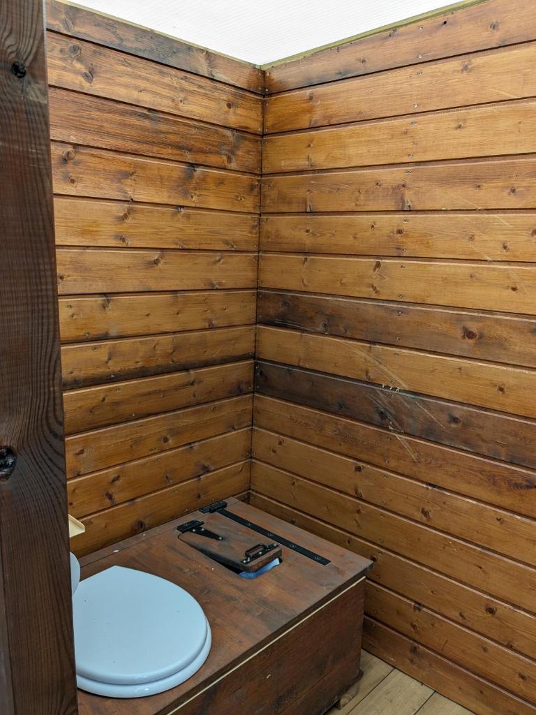La salle de bains est pourvue de toilettes et d'un mur en bois. dans l'établissement Lodge Bois et Toile avec Vue, à Doussard