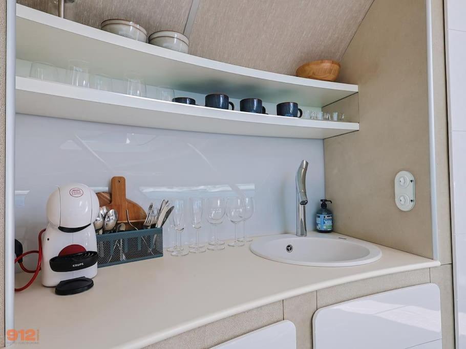 une cuisine avec évier et comptoir avec étagères dans l'établissement ANTHENEA Suite Hôtelière Flottante, à Perros-Guirec