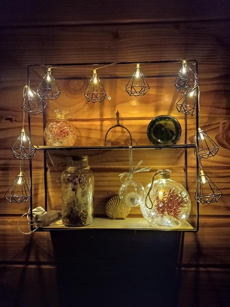 une étagère avec des bocaux en verre et des lumières sur celle-ci dans l'établissement Roulotte de la Ferme Les Chenevières, à Villers-devant-Mouzon 13 autres photos