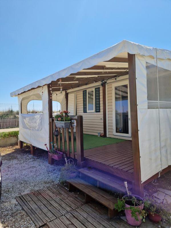Cette petite maison dispose d'une terrasse couverte et d'une terrasse en bois. dans l'établissement Camping le castellas L151, à Mèze