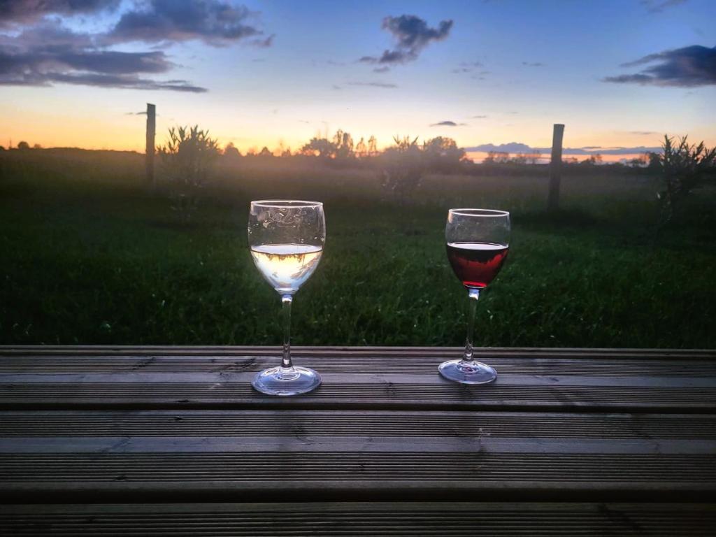 deux verres de vin assis sur une table devant un champ dans l'établissement Les lodges de Baca, à Le Voide 11 autres photos