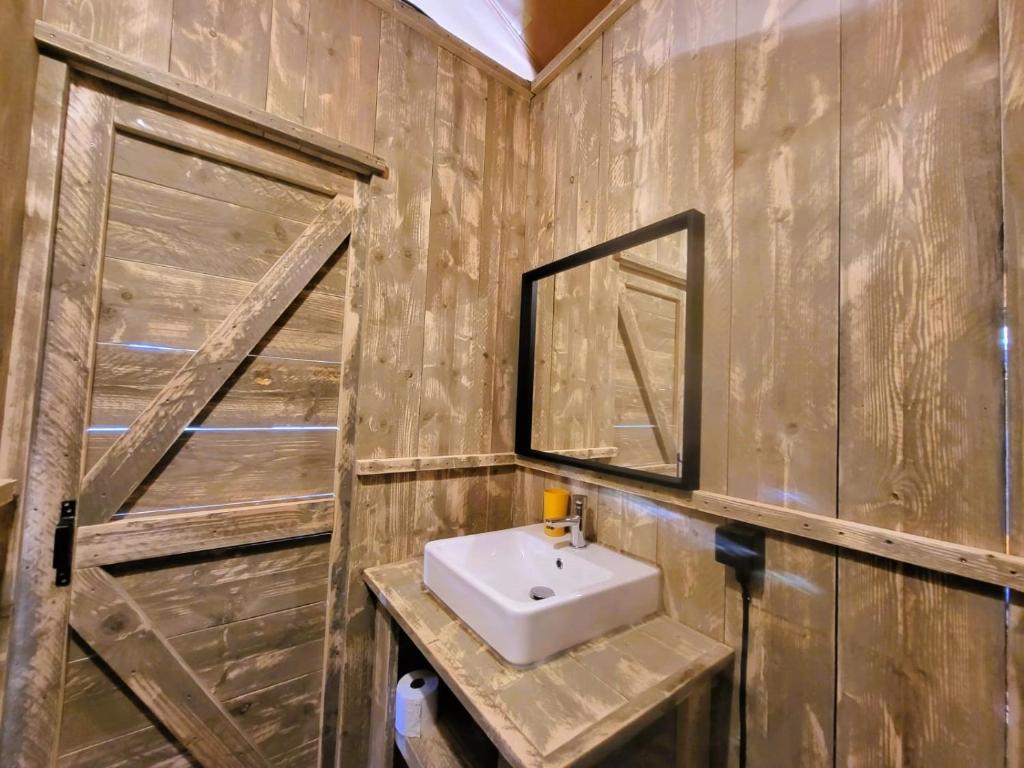 une salle de bain avec un lavabo et un miroir dans l'établissement Les lodges de Baca, à Le Voide