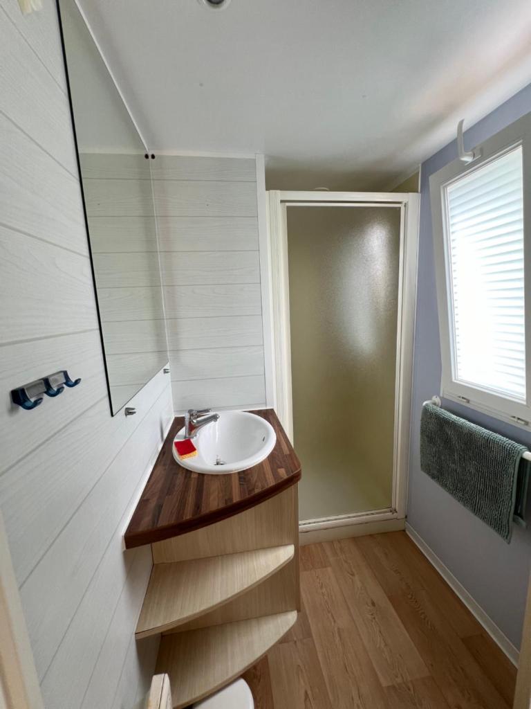 une salle de bain avec un lavabo et une douche dans l'établissement Mobil home au camping 5 étoiles à Deauville, à Saint-Arnoult