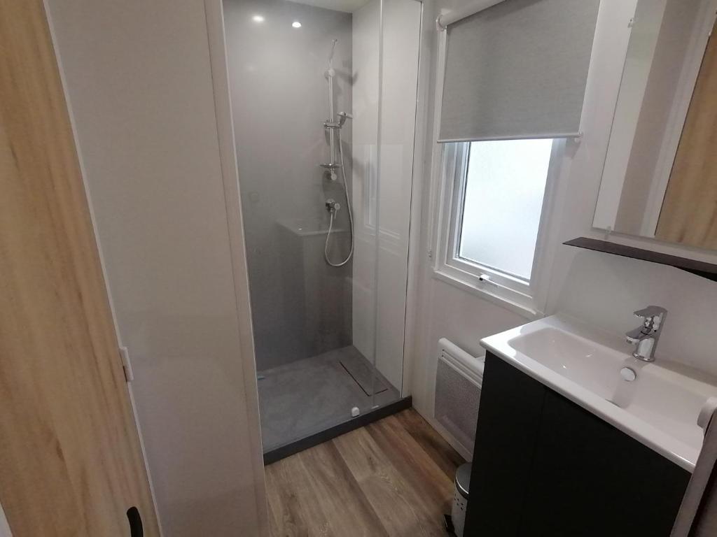 une salle de bain avec douche et lavabo dans l'établissement Mobil home 2 chambres camping 4 étoiles vias, à Vias
