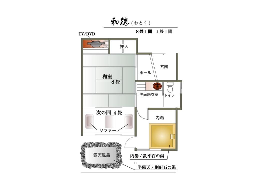 un plan d'étage d'une petite maison avec balisage dans l'établissement 徳の宿 ふぶ庵, à Beppu 34 autres photos